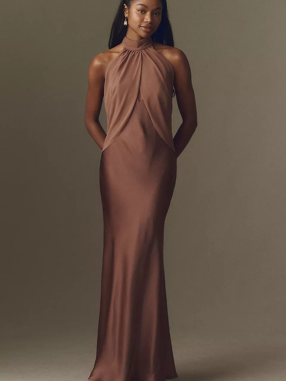 Anthropology Halter Neck Satin Maxi Dress in Chocolate Brown - XS